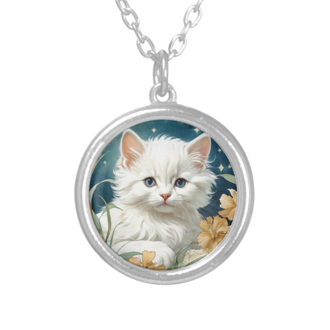 Alphonse Mucha Art Nouveau Kitten Silver Plated Necklace (Front)