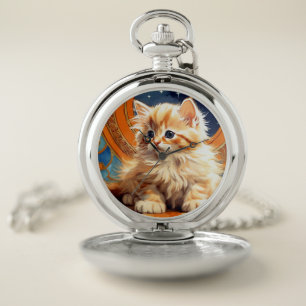 Alphonse Mucha Art Nouveau Orange Cat Pocket Watch