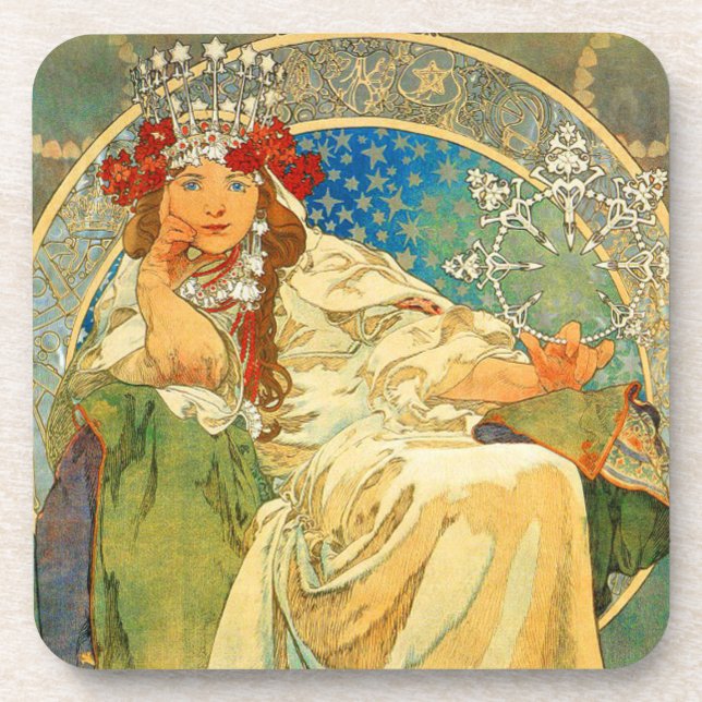 Alphonse Mucha Art Nouveau Princess Hyacinth Beverage Coaster (Front)