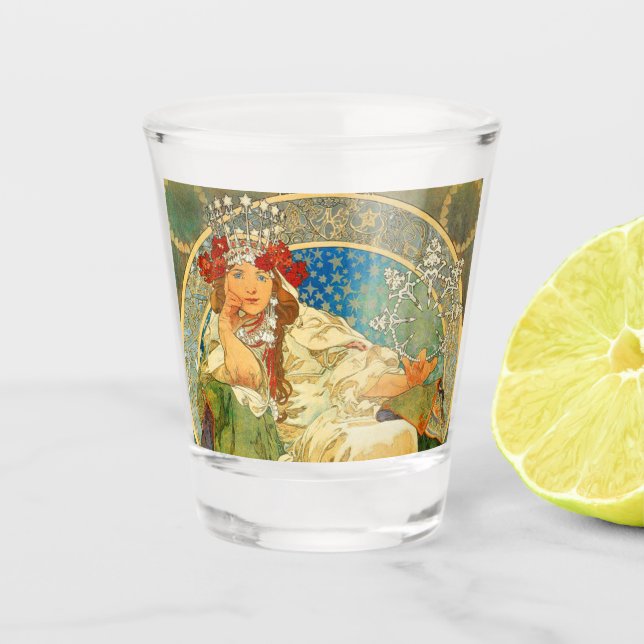 Alphonse Mucha Art Nouveau Princess Hyacinth Shot Glass (Front)
