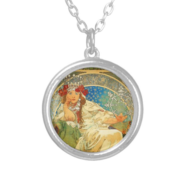 Alphonse Mucha Art Nouveau Princess Hyacinth Silver Plated Necklace (Front)