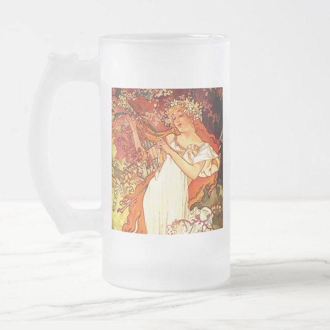Alphonse Mucha Art Nouveau Spring Frosted Glass Beer Mug (Left)