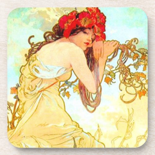 Alphonse Mucha Art Nouveau Summer Beverage Coaster