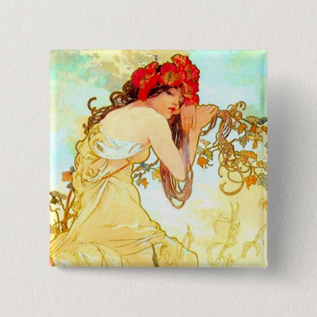 Alphonse Mucha Art Nouveau Summer Button (Front)