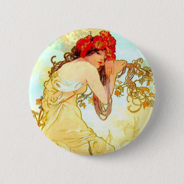Alphonse Mucha Art Nouveau Summer Button (Front)