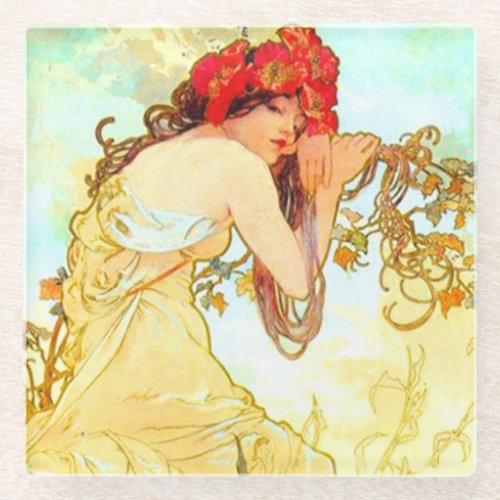 Alphonse Mucha Art Nouveau Summer Glass Coaster