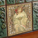 Alphonse Mucha Art Nouveau Vintage Ceramic Tile<br><div class="desc">This ceramic tile features an artwork inspired by the iconic Art Nouveau era of the renowned Czech artist Alphonse Mucha. Mucha is widely recognized as one of the leading Art Nouveau designers and is known for his collaborations with the legendary actress Sarah Bernhardt. The tile showcases a beautiful portrayal of...</div>