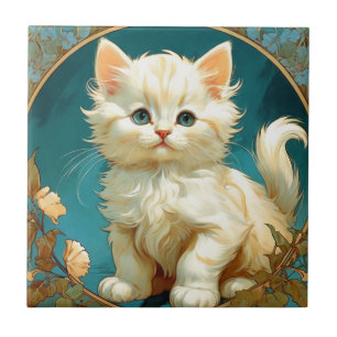 Alphonse Mucha Art Nouveau White Cat Ceramic Tile