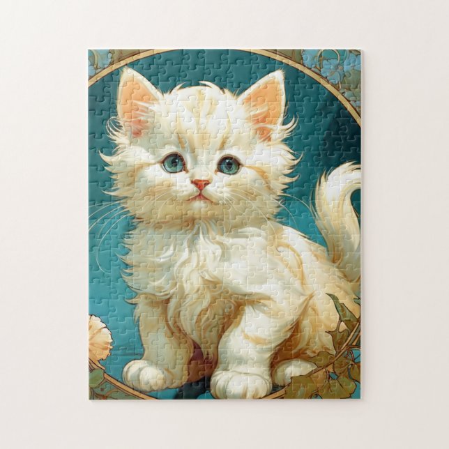 Alphonse Mucha Art Nouveau White Cat Jigsaw Puzzle (Vertical)