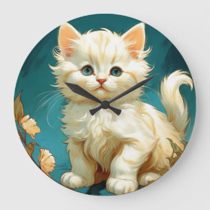Alphonse Mucha Art Nouveau White Cat Large Clock