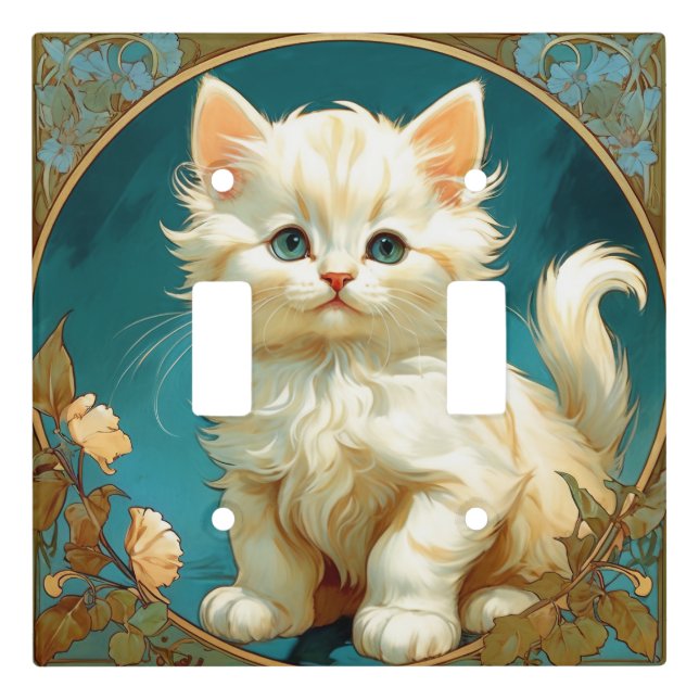 Alphonse Mucha Art Nouveau White Cat Light Switch Cover (Front)