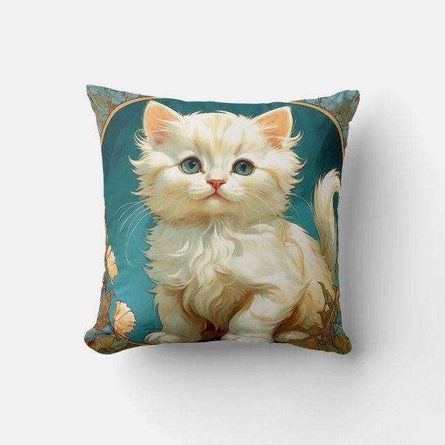 Alphonse Mucha Art Nouveau White Cat Throw Pillow (Front)