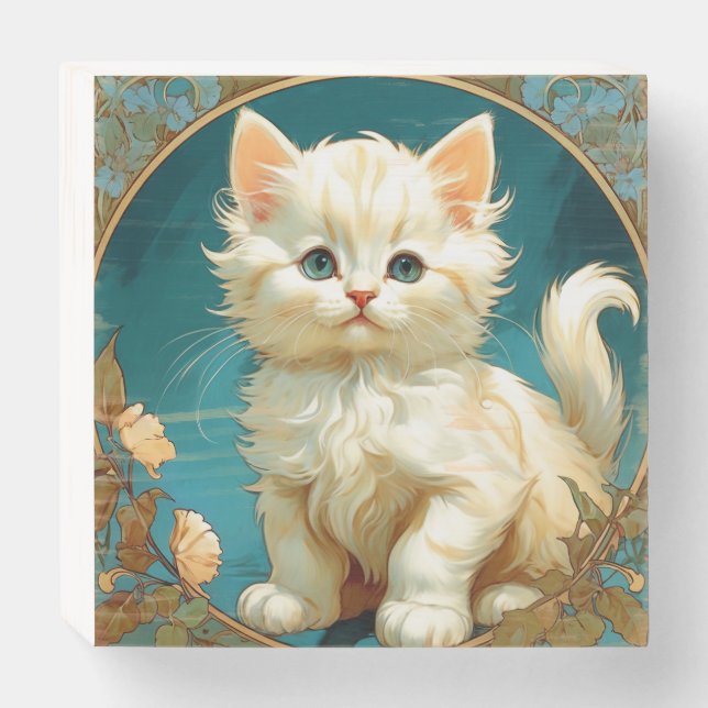 Alphonse Mucha Art Nouveau White Cat Wooden Box Sign (Front Horizontal)