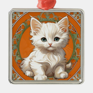 Alphonse Mucha Art Nouveau White Kitten Metal Ornament
