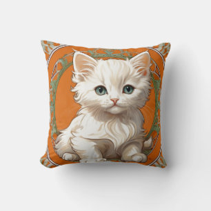 Alphonse Mucha Art Nouveau White Kitten Throw Pillow