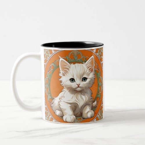 Alphonse Mucha Art Nouveau White Kitten Two_Tone Coffee Mug