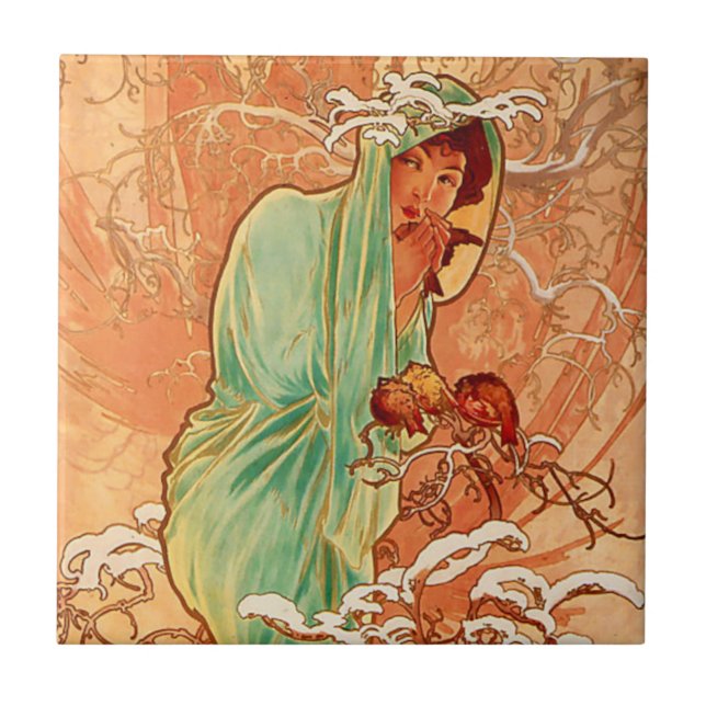 Alphonse Mucha Art Nouveau Winter Ceramic Tile (Front)
