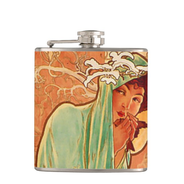 Alphonse Mucha Art Nouveau Winter Flask (Front)