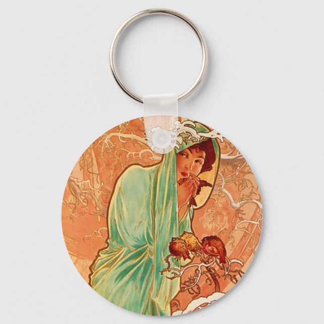 Alphonse Mucha Art Nouveau Winter Keychain (Front)