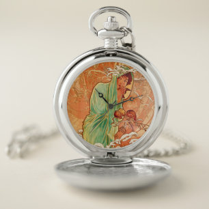 Alphonse Mucha Art Nouveau Winter Pocket Watch