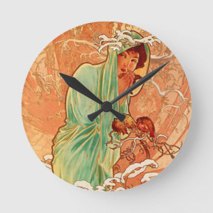 Alphonse Mucha Art Nouveau Winter Round Clock