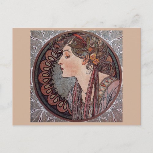 Alphonse Mucha art nouveau woman Laurel postcard