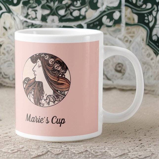 Alphonse Mucha Art Nouveau Woman with Pink Flowers Giant Coffee Mug (Creator Uploaded)