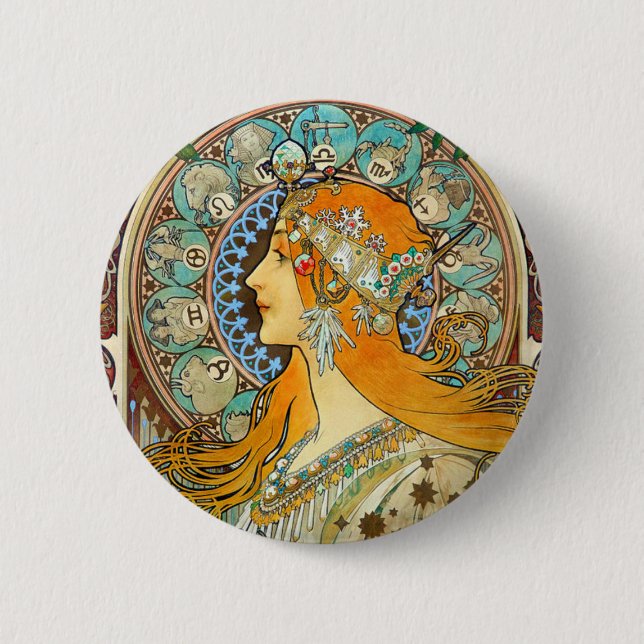 Alphonse Mucha Art Nouveau Zodiac Button (Front)
