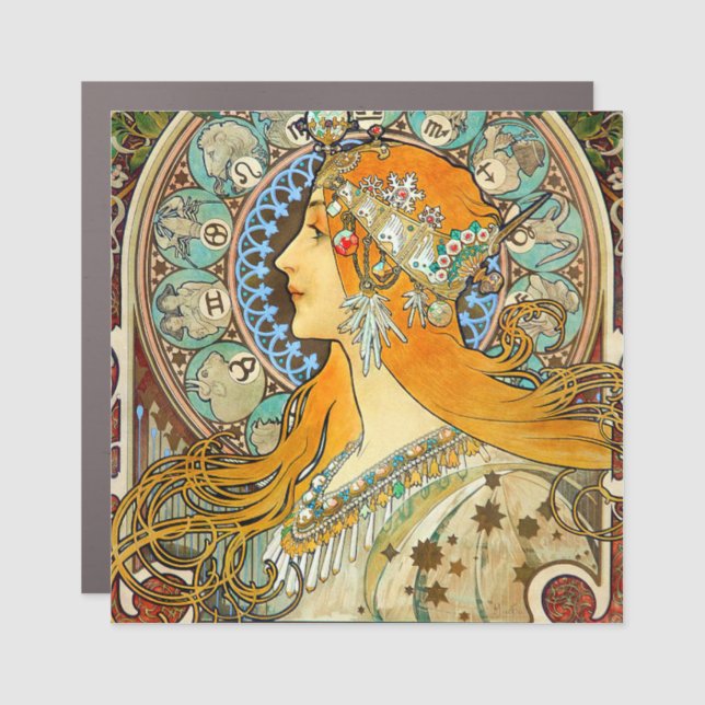 Alphonse Mucha Art Nouveau Zodiac Car Magnet (Front)
