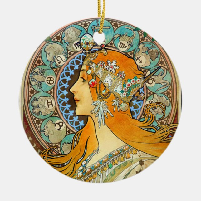 Alphonse Mucha Art Nouveau Zodiac Ceramic Ornament (Front)