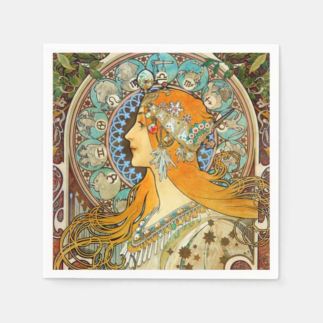 Alphonse Mucha Art Nouveau Zodiac Napkins (Front)