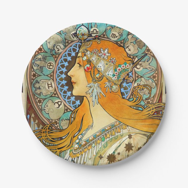 Alphonse Mucha Art Nouveau Zodiac Paper Plates (Front)