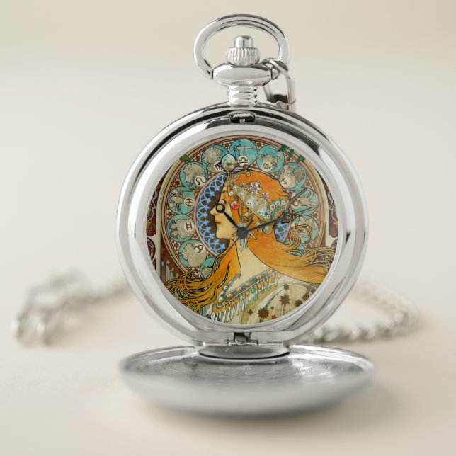 Alphonse Mucha Art Nouveau Zodiac Pocket Watch (Inside)