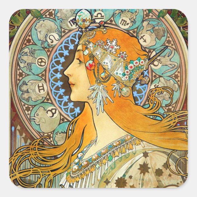 Alphonse Mucha Art Nouveau Zodiac Square Sticker (Front)
