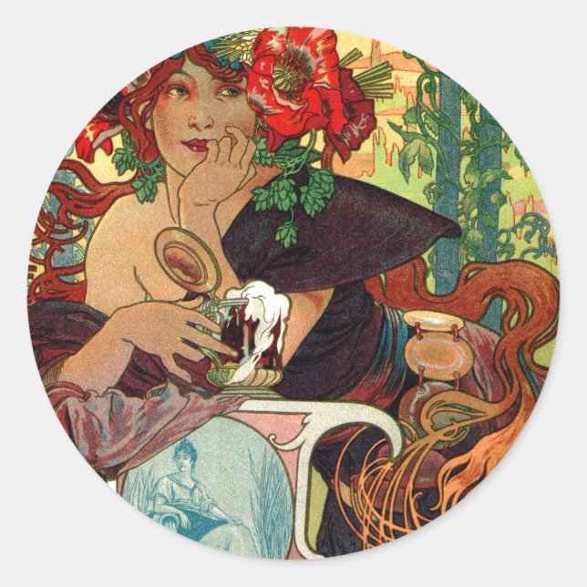 Alphonse Mucha Bieres De La Meuse Classic Round Sticker (Front)