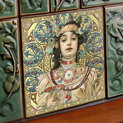 Alphonse Mucha Champagne Art Nouveau Vintage Ceramic Tile