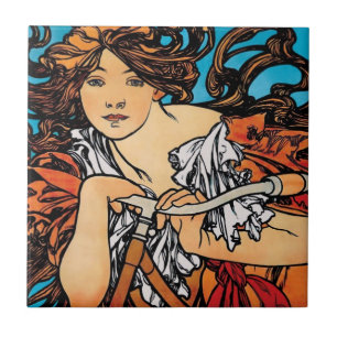Alphonse Mucha - Cycles Perfecta Retro Art Nouveau Ceramic Tile