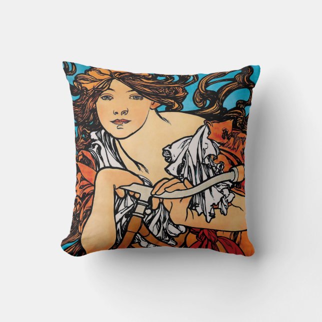 Alphonse Mucha - Cycles Perfecta Retro Art Nouveau Throw Pillow (Front)