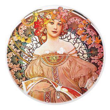 Alphonse Mucha Daydream Floral Vintage Art Nouveau Ceramic Knob by artfoxx at Zazzle