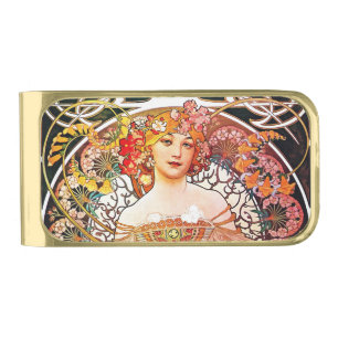 Alphonse Mucha Daydream Floral Vintage Art Nouveau Gold Finish Money Clip