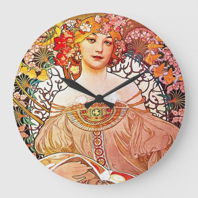 Alphonse Mucha Daydream Floral Vintage Art Nouveau Large Clock (Front)