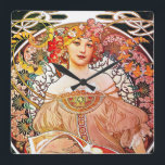 Alphonse Mucha Daydream Floral Vintage Art Nouveau Square Wall Clock<br><div class="desc">Alphonse Mucha Daydream Reverie Art Nouveau Alfons Mucha, often known in English and French as Alphonse Mucha, was a Czech Art Nouveau painter and decorative artist, known best for his distinct style. He produced many paintings, illustrations, advertisements, postcards, and designs. Daydream features a beautiful dreamy-eyed woman holding a book. The...</div>
