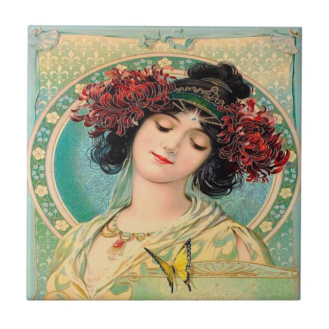 Alphonse Mucha Design Ceramic Tile. Ceramic Tile (Front)