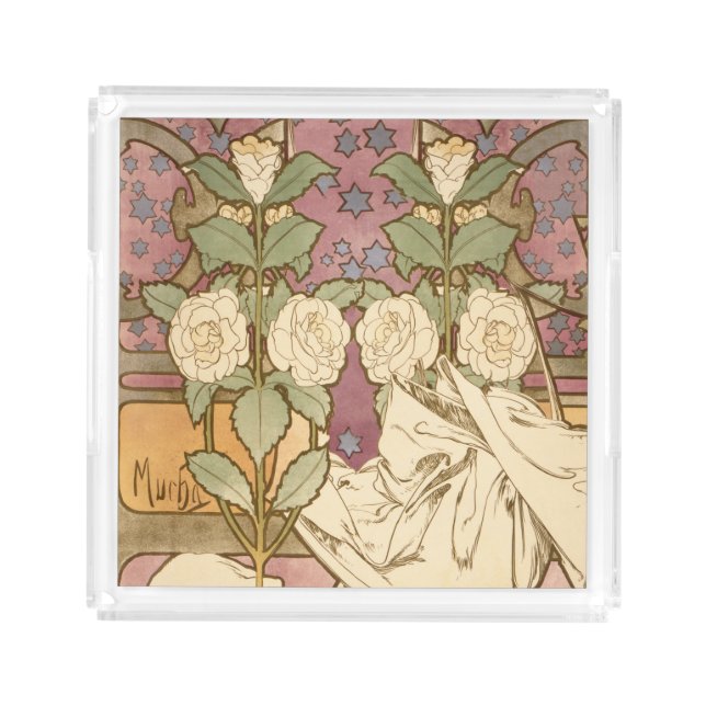 Alphonse Mucha Elegant Art Nouveau Stars Camellia  Acrylic Tray (Front)