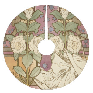 Alphonse Mucha Elegant Art Nouveau Stars Camellia Brushed Polyester Tree Skirt