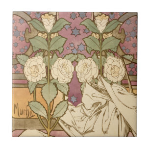 Alphonse Mucha Elegant Art Nouveau Stars Camellia  Ceramic Tile