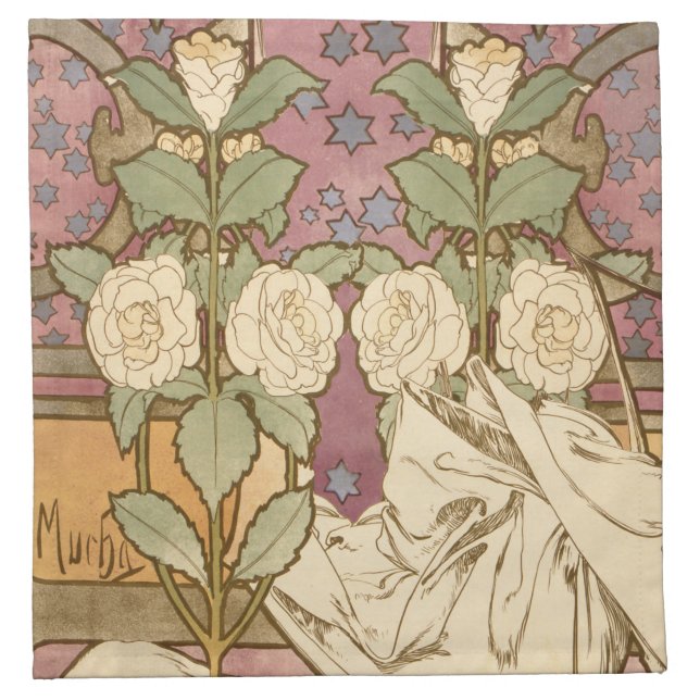 Alphonse Mucha Elegant Art Nouveau Stars Camellia  Cloth Napkin (Front)