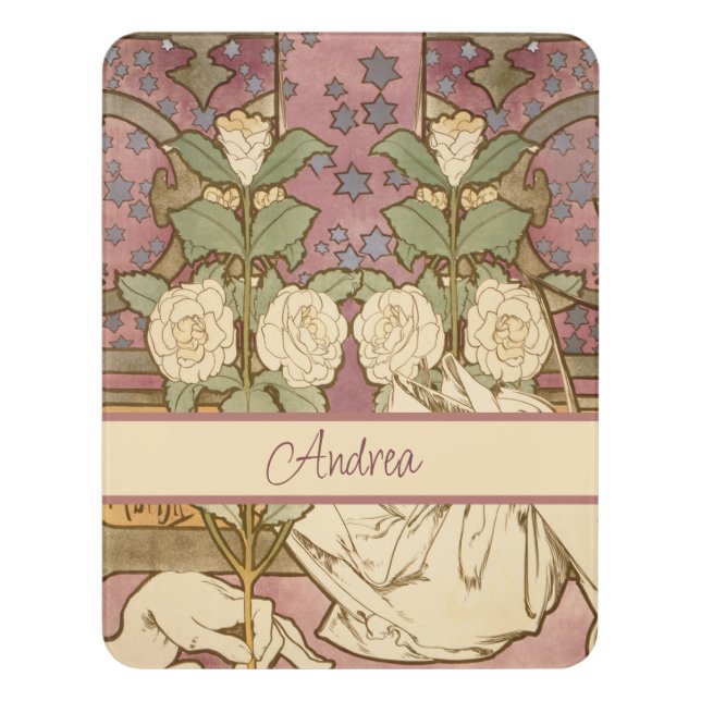 Alphonse Mucha Elegant Art Nouveau Stars Camellia  Door Sign (Contemporary Vert)