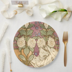 Alphonse Mucha Elegant Art Nouveau Stars Camellia Paper Plates