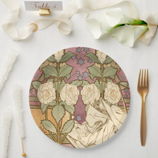 Alphonse Mucha Elegant Art Nouveau Stars Camellia  Paper Plates (Wedding)
